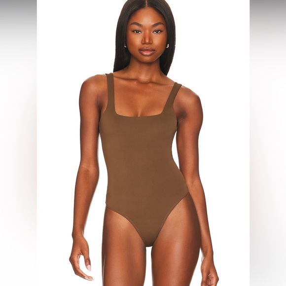Zara fitted stretching bodysuit square neckline,brown, designer - Picture 3 of 12